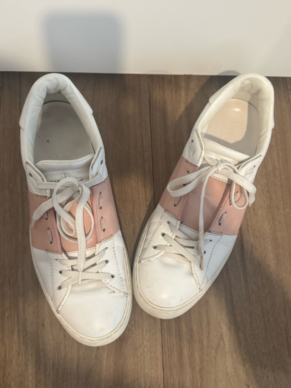 Valentino Garavani White and Pink Leather Rockstud Lace-Up Women's Sneakers